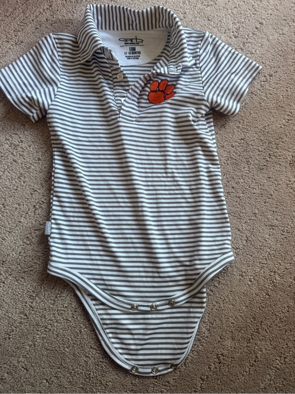 Striped Gray & White Polo Bodysuit with Orange Paw Accent - Kids
